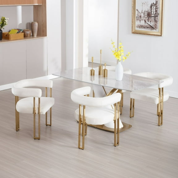 Dayalane Modern Dining Chairs Set of 4, Velvet Upholstered Barrel Accent Chairs with Gold Metal Legs for Dining Room, Living Room, Restaurant, Home Bar, Bistro,Beige