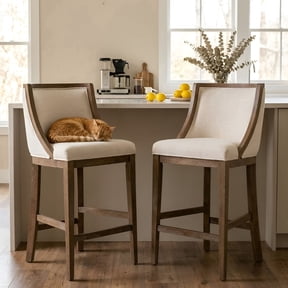 Dayalane Modern Farmhouse Bar Stools Set of 2, 26” Counter Height Bar Stools with Curved Back, Linen Upholstered & Solid Wood Legs Island Chairs for Dining Rooms Kitchens and Bars, Beige
