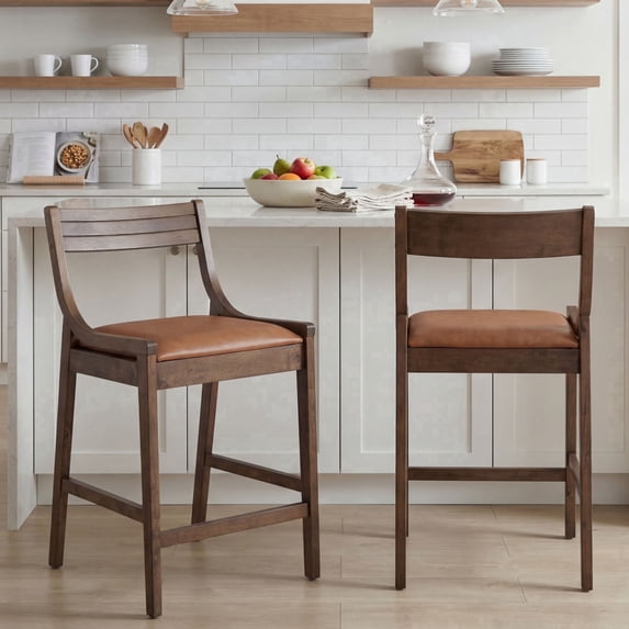 Dayalane Modern Farmhouse Bar Stools Set of 2, 26”Counter Height Bar Stools with Slatted Back, PU Leather Upholstered & Solid Wood Legs Barstools for Kitchen Island Dining Rooms and Home Bars, Brown