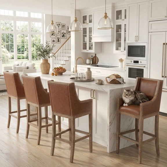 Dayalane Modern Farmhouse Bar Stools Set of 4, 26.5" Counter Height Bar Stools with Armrests, Faux Leather Upholstered & Solid Wood Legs Island Chairs for Dining Rooms Kitchens Pub, Brown