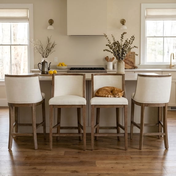 Dayalane Modern Farmhouse Bar Stools Set of 4, 26” Counter Height Bar Stools with Curved Back, Linen Upholstered & Solid Wood Legs Island Chairs for Dining Rooms Kitchens and Bars, Beige