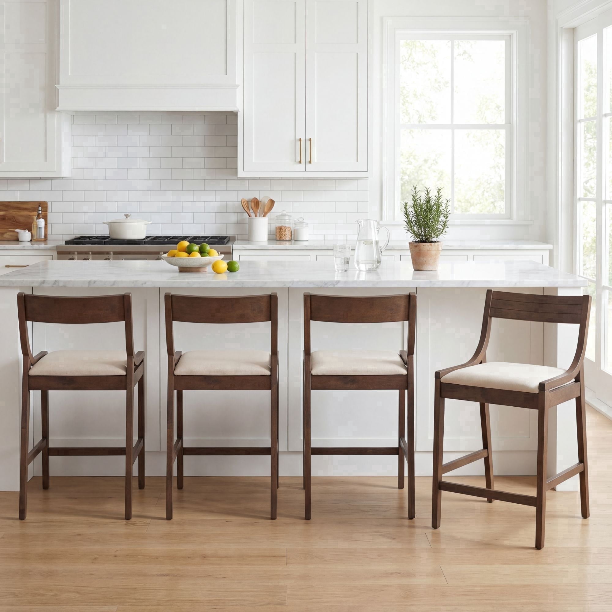 Dayalane Modern Farmhouse Bar Stools Set of 4, 26”Counter Height Bar Stools with Slatted Back, Linen Upholstered & Solid Wood Legs Barstools for Kitchen Island Dining Rooms and Home Bars, Beige