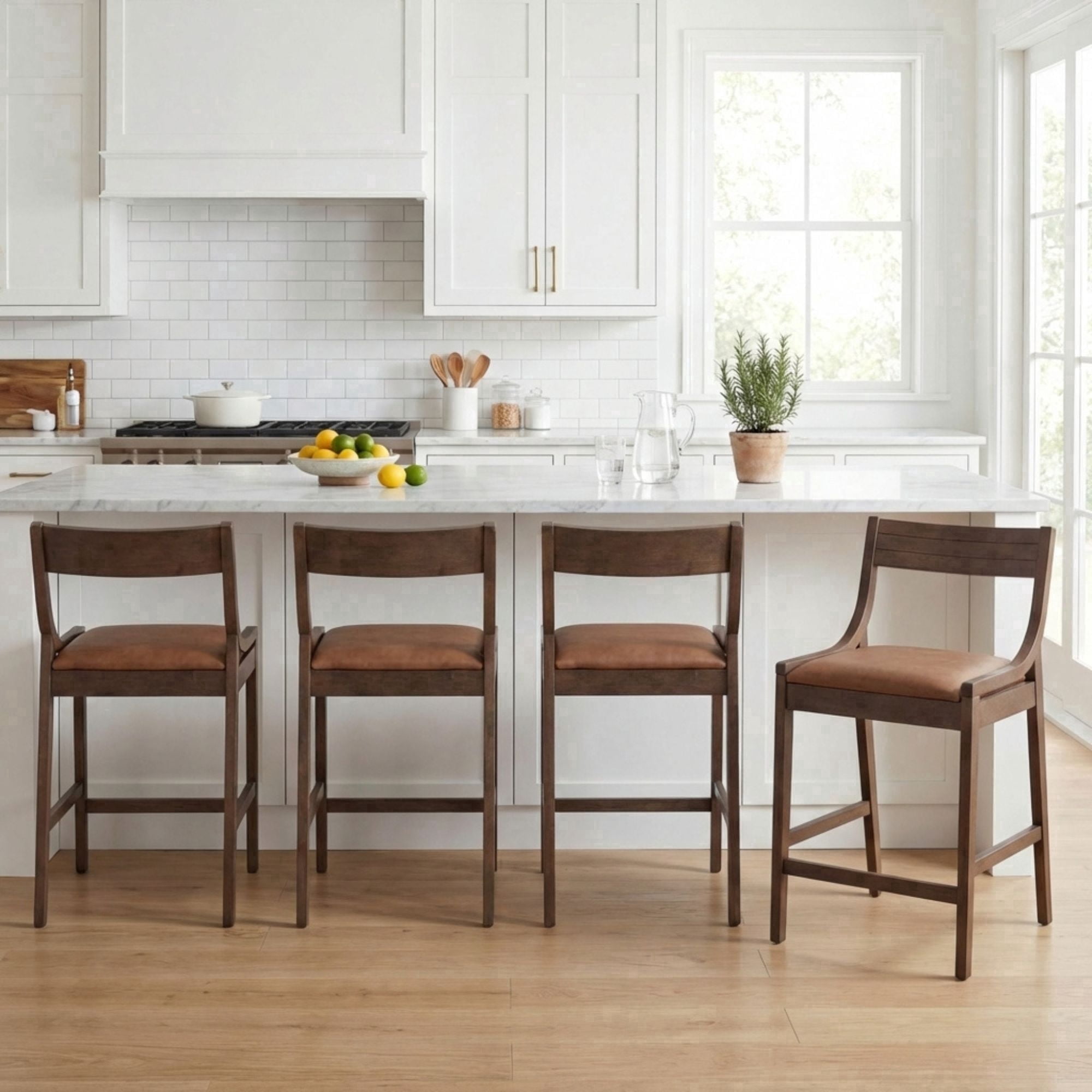 Dayalane Modern Farmhouse Bar Stools Set of 4, 26”Counter Height Bar Stools with Slatted Back, PU Leather Upholstered & Solid Wood Legs Barstools for Kitchen Island Dining Rooms and Home Bars, Brown