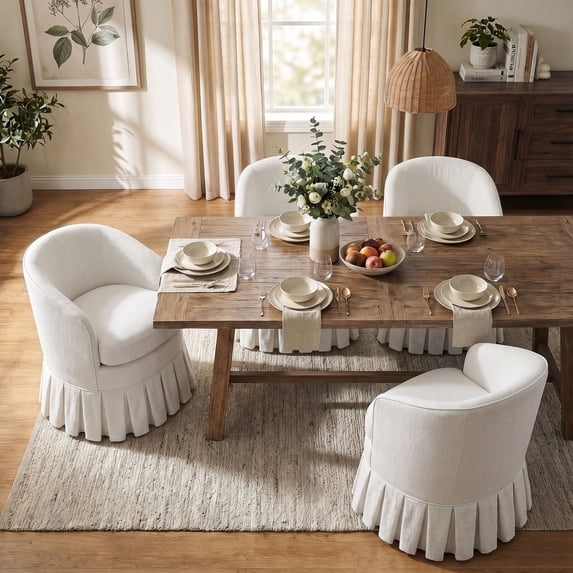 Dayalane Modern Farmhouse Barrel Dining Chairs Set of 4, Linen Upholstered Slipcovered Kitchen Chairs with Pleated Skirt Bottom and Metal Legs for Dining & Living Room, White