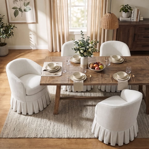 Dayalane Modern Farmhouse Barrel Dining Chairs Set of 4, Linen Upholstered Slipcovered Kitchen Chairs with Pleated Skirt Bottom and Metal Legs for Dining & Living Room, White