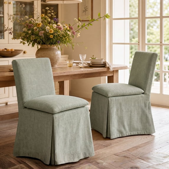 Dayalane Modern Farmhouse Parsons Slipcover Dining Chairs Set of 2, High Back Linen Upholstered Kitchen Chairs with Removable Slipcover, Armless Oak Wooden Side Chair for Dining & Living, Green