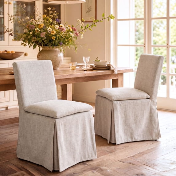 Dayalane Modern Farmhouse Parsons Slipcover Dining Chairs Set of 2, High Back Linen Upholstered Kitchen Chairs with Removable Slipcover, Armless Oak Wooden Side Chair for Dining & Living Room, Beige