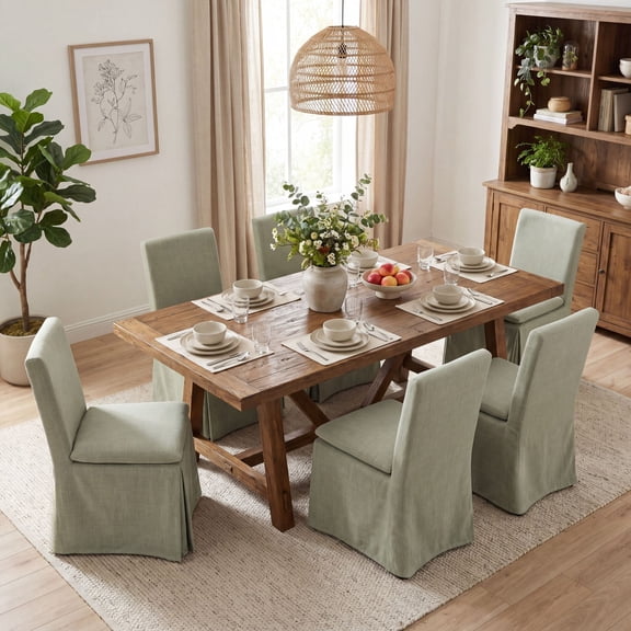 Dayalane Modern Farmhouse Parsons Slipcover Dining Chairs Set of 6, High Back Linen Upholstered Kitchen Chairs with Removable Slipcover, Armless Oak Wooden Side Chair for Dining & Living Room, Green