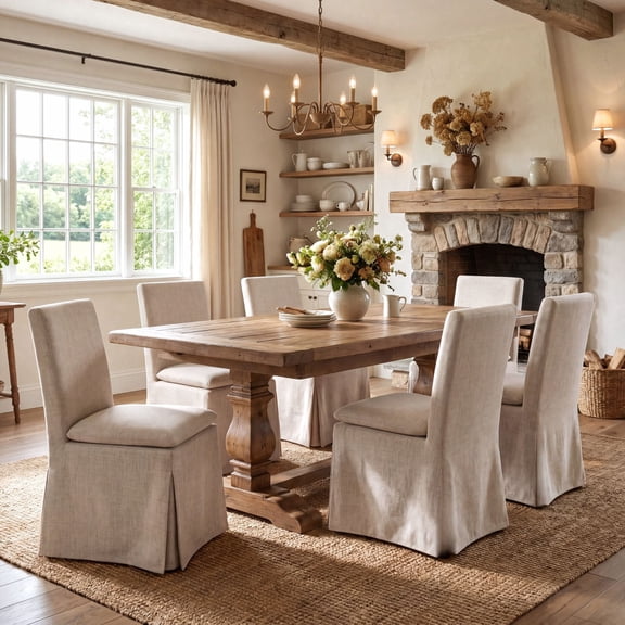 Dayalane Modern Farmhouse Parsons Slipcover Dining Chairs Set of 6, High Back Linen Upholstered Kitchen Chairs with Removable Slipcover, Armless Oak Wooden Side Chair for Dining & Living Room, Beige