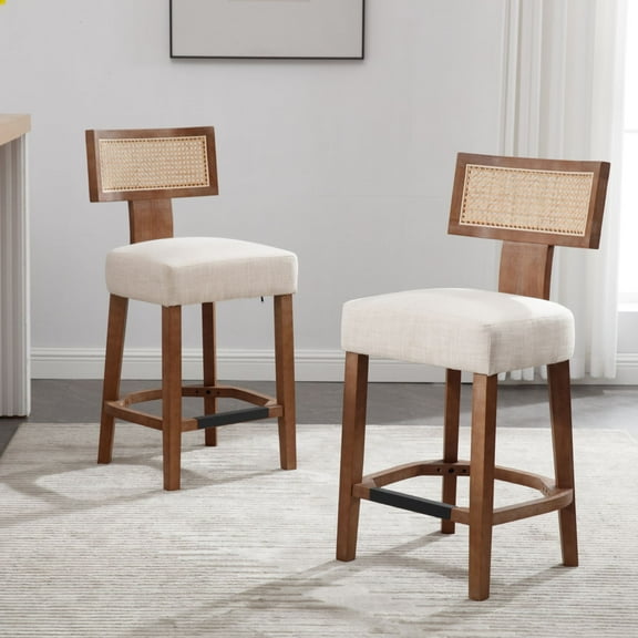 Dayalane Modern Farmhouse Rattan Bar Stools Set of 2, 26" Counter Height Barstools with Woven Back Linen Upholstered Seat,Wood Frame Kitchen Island Stools for Restaurant,Beige-Natural