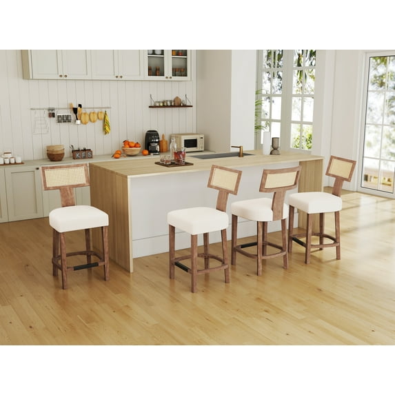 Dayalane Modern Farmhouse Rattan Bar Stools Set of 4, 26" Counter Height Barstools with Woven Back Linen Upholstered Seat,Wood Frame Kitchen Island Stools for Restaurant,Beige-Natural