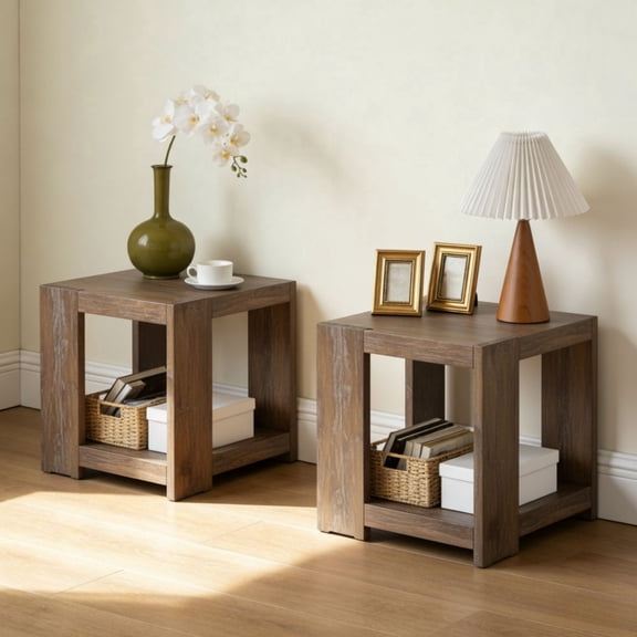Dayalane Modern Farmhouse Style Wood End Table Set of 2, 2-Tier Open Storage Rectangular Bedside Table, Minimalist Accent End Table for Small Space Sofa Bedroom, Brown