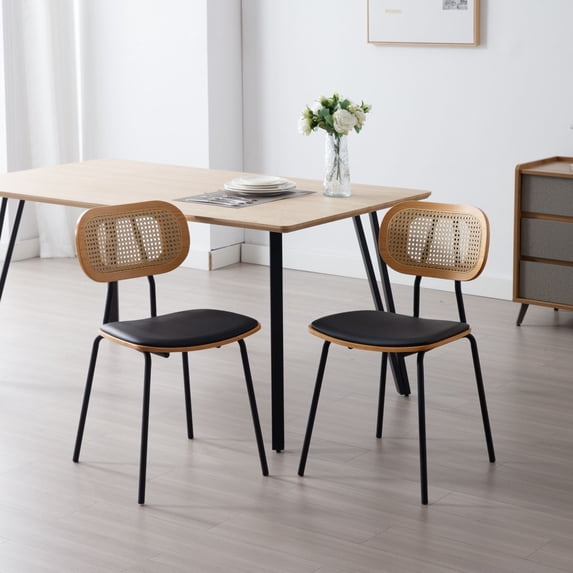 Dayalane Modern Rattan Dining Chairs Set of 2, PU Leather Upholstered Seats with Open Backrest Metal Legs, Armless Side Chairs for Dining Room or Kitchen, White