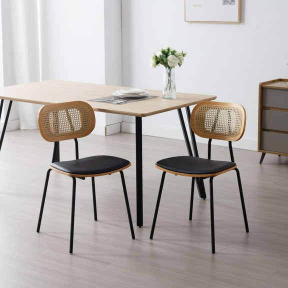 Dayalane Modern Rattan Dining Chairs Set of 2, PU Leather Upholstered Seats with Open Backrest Metal Legs, Armless Side Chairs for Dining Room or Kitchen, White