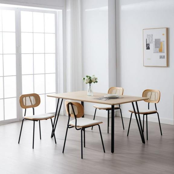 Dayalane Modern Rattan Dining Chairs Set of 4, PU Leather Upholstered Seats with Open Backrest Metal Legs, Armless Side Chairs for Dining Room or Kitchen, White