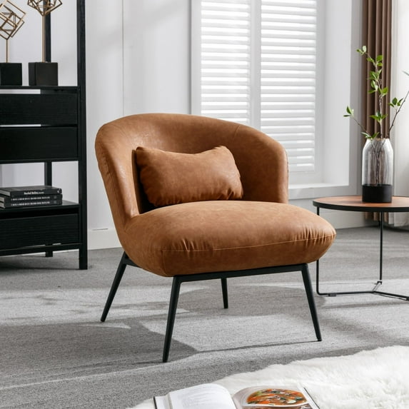 Dayalane Modern Sherpa Accent Chair,Faux Leather Upholstered Lounge Chairs with Lumbar Pillow with Black Metal Legs, Comfy Barrel Back Armless Chairs for Living Room, Bedroom, Office,Brown