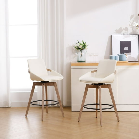 Dayalane Modern Swivel Counter Stools Set of 2, 26" Upholstered Bar Stools with Backrest for Kitchen Island, Mid Century Counter Height Barstools with Wood Legs for Home Bar Dining Room Bistro, White
