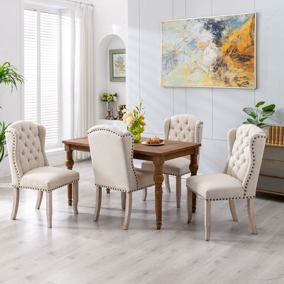 Dayalane Modern Tufted Dining Chairs Set of 4, Linen Upholstered High Back Armless Chairs with Solid Wood Legs for Kitchen, Dining Room,Living Room, Beige