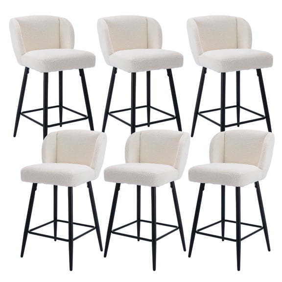 Dayalane Modern Upholstered Counter Height Bar Stools Set of 6, 26 Inch Sherpa Barstools with Back, Comfy Bar Stools with Metal Legs for Kitchen Counter, Island Stools for Restaurants,Bar, White