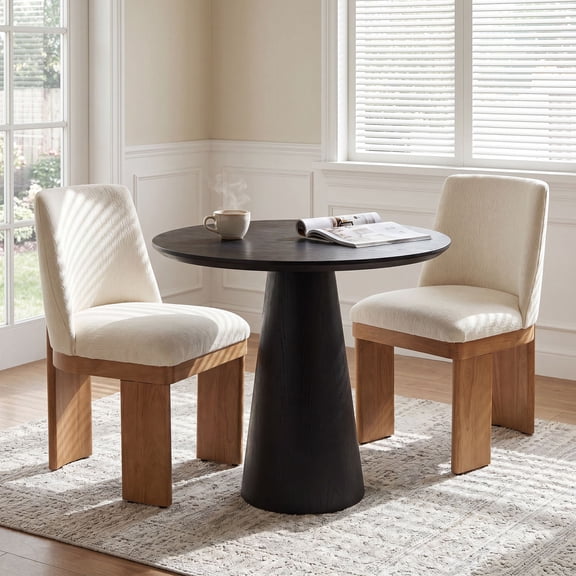 Dayalane Modern Upholstered Dining Chairs Set of 2, Linen Fabric Dining Room Chairs with Chunky Wooden Block Legs, Minimalist Armless Kitchen Chairs, Cream