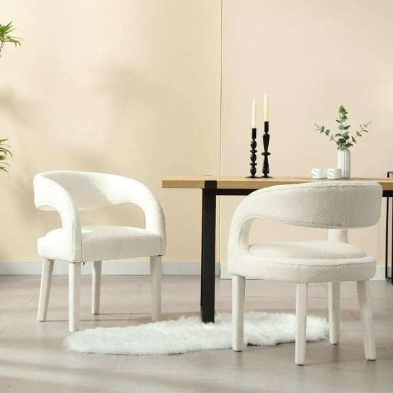 Dayalane Modern Upholstered Dining Chairs Set of 2, Sherpa Barrel Accent Chairs with Open Back and Arms, Comfy Kitchen & Dining Room Chairs with Wood Legs for Living Room/Bedroom,White