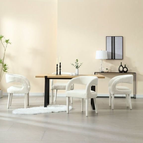 Dayalane Modern Upholstered Dining Chairs Set of 4, Sherpa Barrel Accent Chairs with Open Back and Arms, Comfy Kitchen & Dining Room Chairs with Wood Legs for Living Room/Bedroom,White