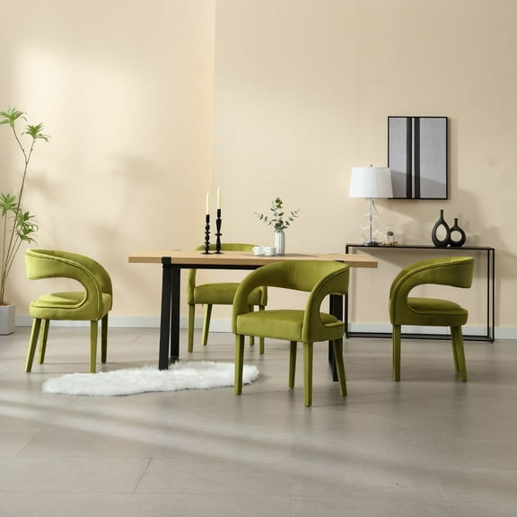 Dayalane Modern Upholstered Dining Chairs Set of 4, Velvet Barrel Accent Chairs with Open Back and Arms, Comfy Kitchen & Dining Room Chairs with Wood Legs for Living Room/Bedroom,Green