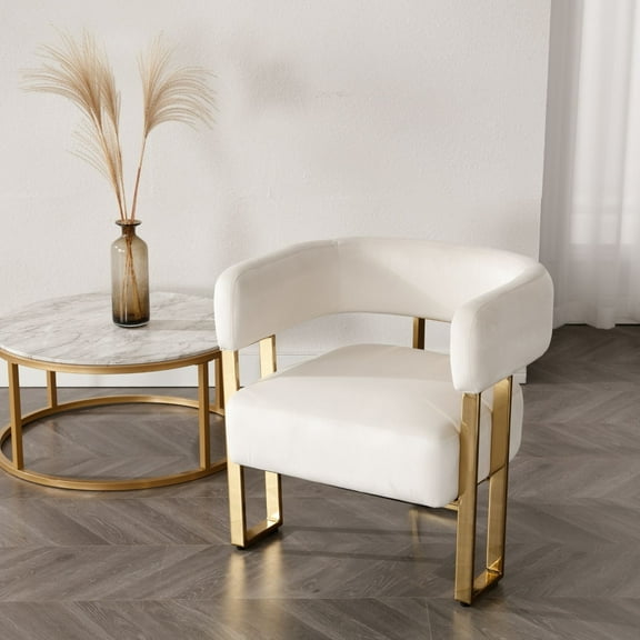 Dayalane Modern Barrel Accent Chair, Velvet Upholstered Armchairs with Metal Leg, Reading Chairs forLiving Room, Bedroom, Lounge, White