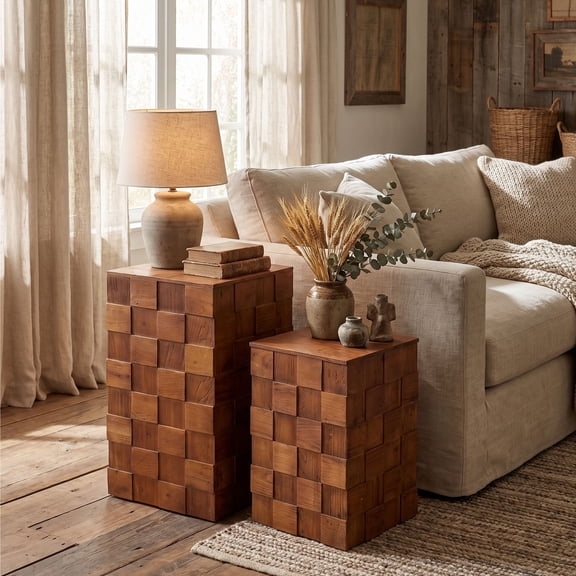 Dayalane Nesting Square End Tables, Modern Farmhouse Geometric Wood Panel Design Compact Side Tables, Solid Elm Wood Fully Assembled Accent Tables for Living/Art Museum/Floral Room,Walnut