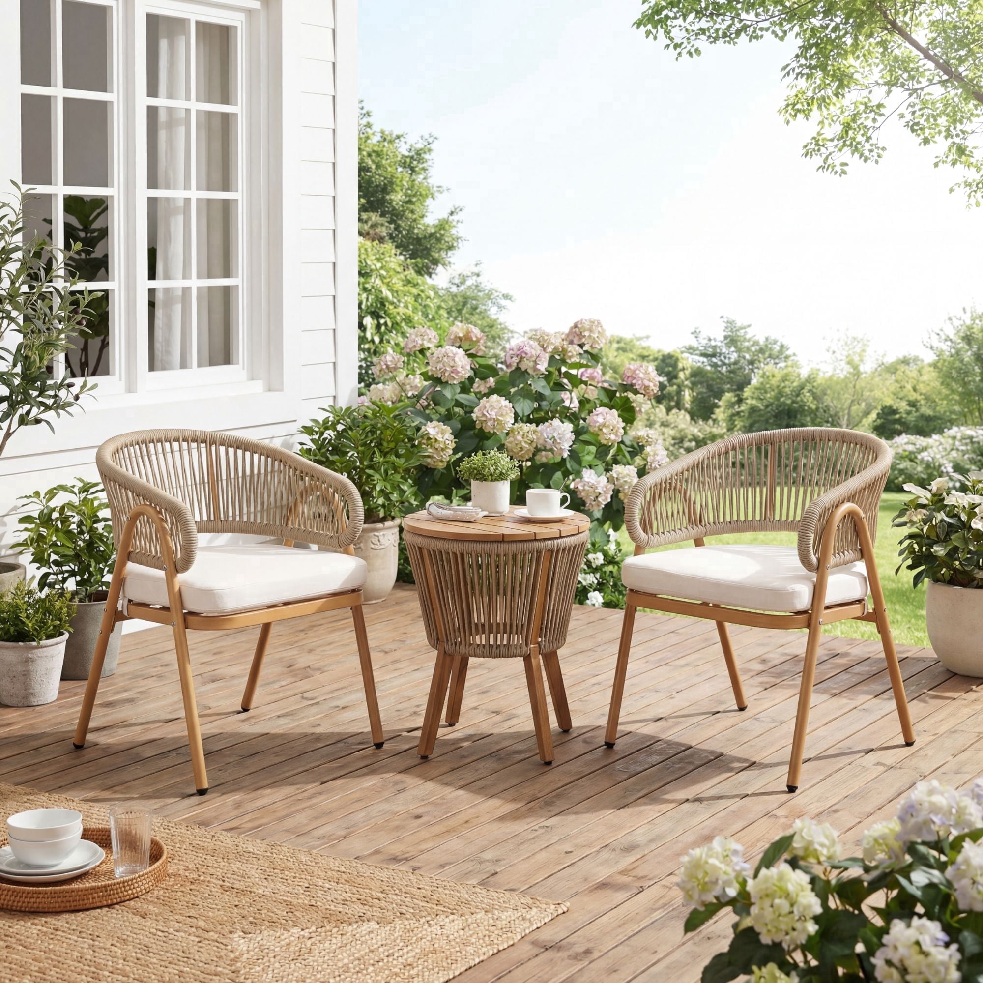 Dayalane Outdoor Dining Chairs Set of 2, Modern Rope Woven Patio Armchairs with Curved Back, Weather-Resistant Metal Frame, Balcony Backyard Bistro Seating, Beige