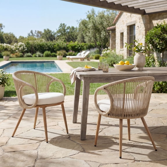 Dayalane Outdoor Dining Chairs Set of 2, Modern Rope Woven Patio Armchairs with Cushions, Wood-Look Metal Frame, All-Weather Furniture for Balcony, Backyard Bistro, Beige