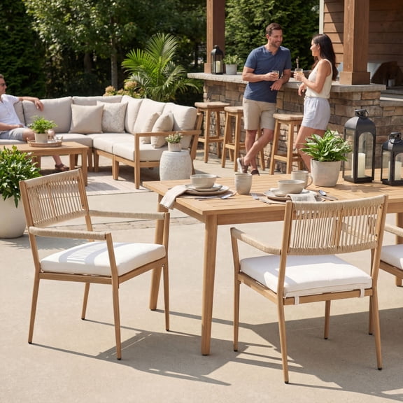 Dayalane Outdoor Dining Chairs Set of 2, Rope Rattan Patio Chairs with Cushions & Armrests, Weather-Resistant Metal Frame for Patio, Balcony/Bistro, Beige