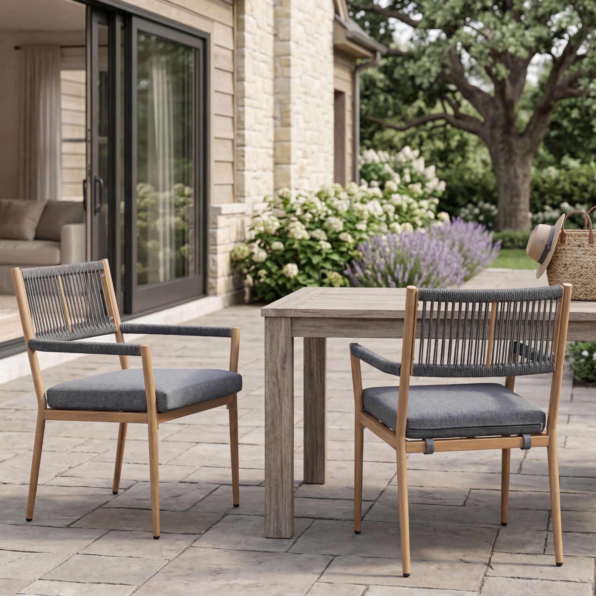 Dayalane Outdoor Dining Chairs Set of 2, Rope Rattan Patio Chairs with Cushions & Armrests, Weather-Resistant Metal Frame for Patio, Balcony/Bistro, Dark Grey