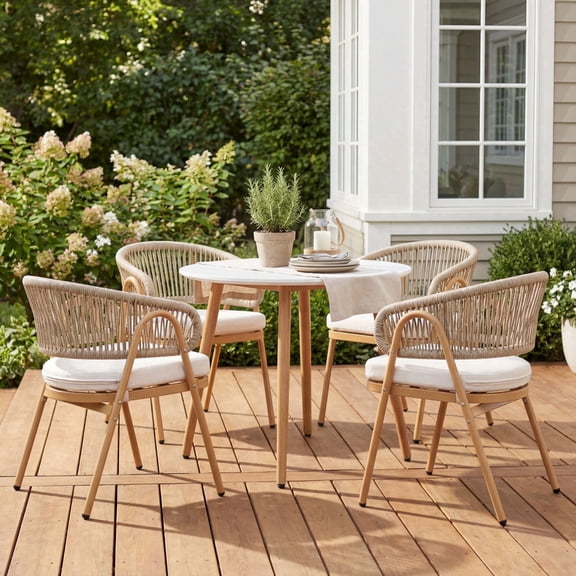 Dayalane Outdoor Dining Chairs Set of 4, Modern Rope Woven Patio Armchairs with Curved Back, Weather-Resistant Metal Frame, Balcony Backyard Bistro Seating, Beige