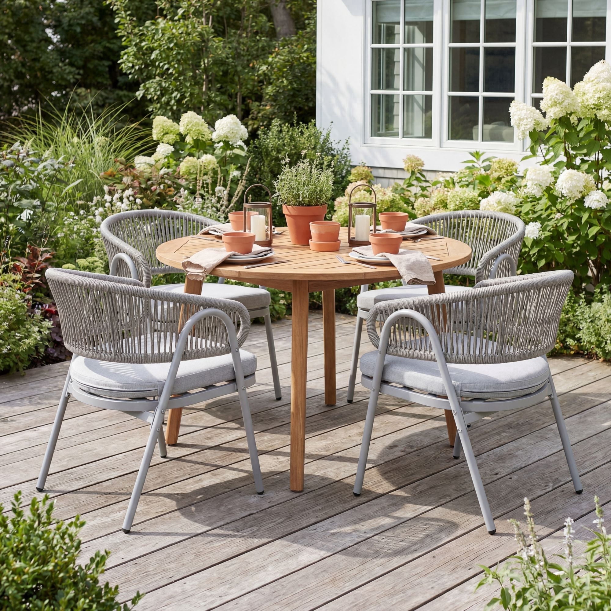 Dayalane Outdoor Dining Chairs Set of 4, Modern Rope Woven Patio Armchairs with Curved Back, Weather-Resistant Metal Frame, Balcony Backyard Bistro Seating, Grey