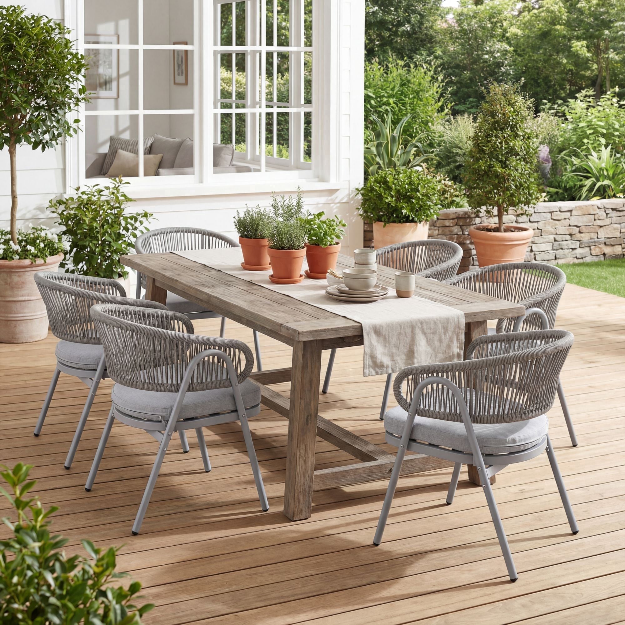 Dayalane Outdoor Dining Chairs Set of 6, Modern Rope Woven Patio Armchairs with Curved Back, Weather-Resistant Metal Frame, Balcony Backyard Bistro Seating, Grey