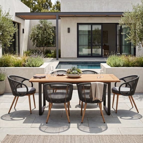 Dayalane Outdoor Dining Chairs Set of 6, Modern Rope Woven Patio Armchairs with Cushions, Wood-Look Metal Frame, All-Weather Furniture for Balcony, Backyard Bistro, Grey