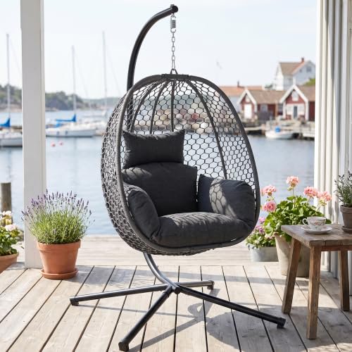 Dayalane Outdoor Egg Hanging Chair with Stand, Honeycomb Wicker Swing Chair for Patio, All-Weather Rope Hammock Chair with Thick Cushions & Headrest for Indoor Bedroom, Balcony, Garden, Black