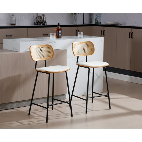 Dayalane Rattan Bar Stools Set of 2, 26 Inch Modern PU Leather Upholstered Counter Stools with Rattan Back, Armless Kitchen Island Chairs for Coffee Shop Bar Kitchen, White