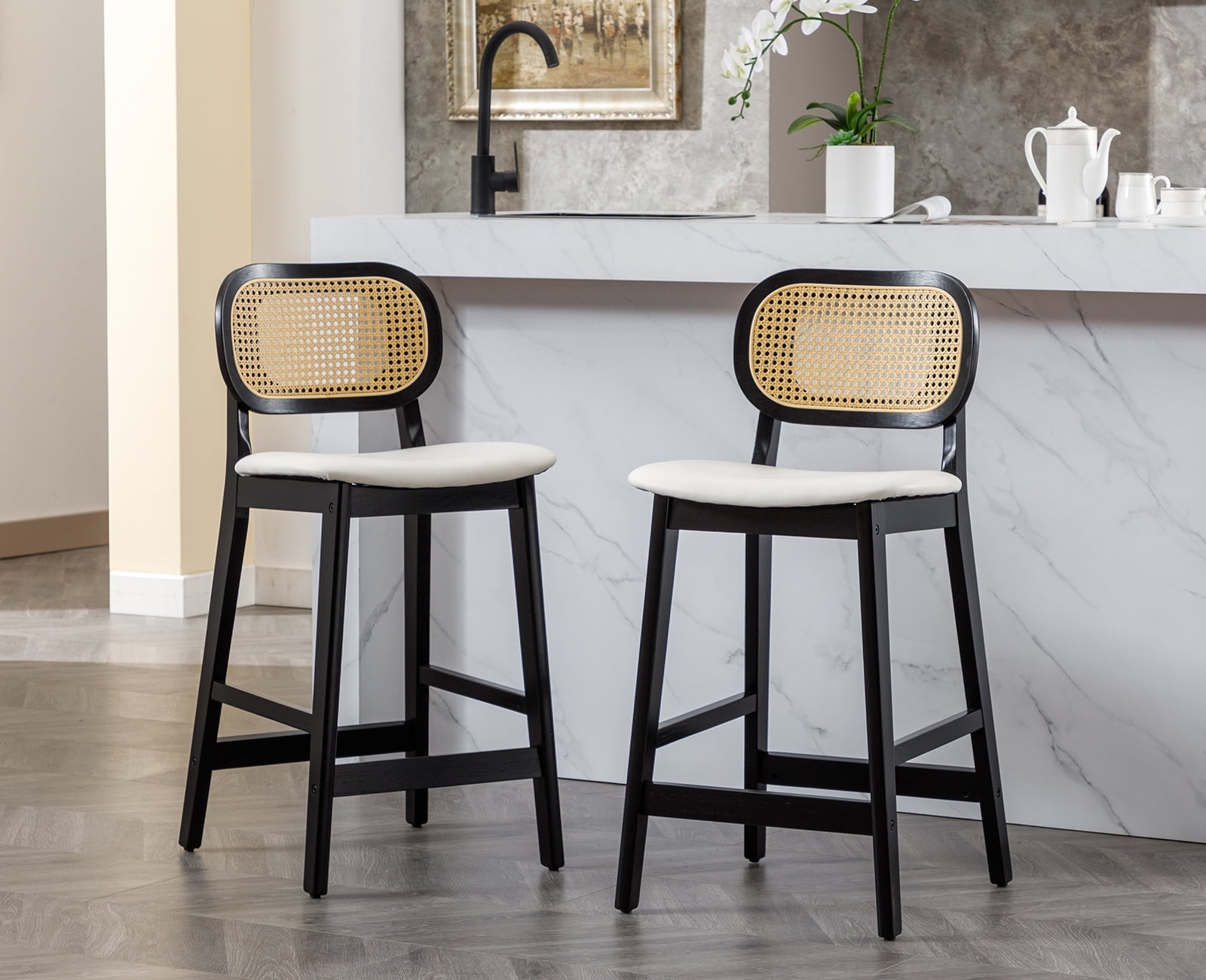 Dayalane Rattan Counter Height Bar Stools Set of 2, 26" Mid Century Modern Wood Farmhouse Barstools with Footrest, PU Upholstered Kitchen Island Chairs for Pub Restaurant, White