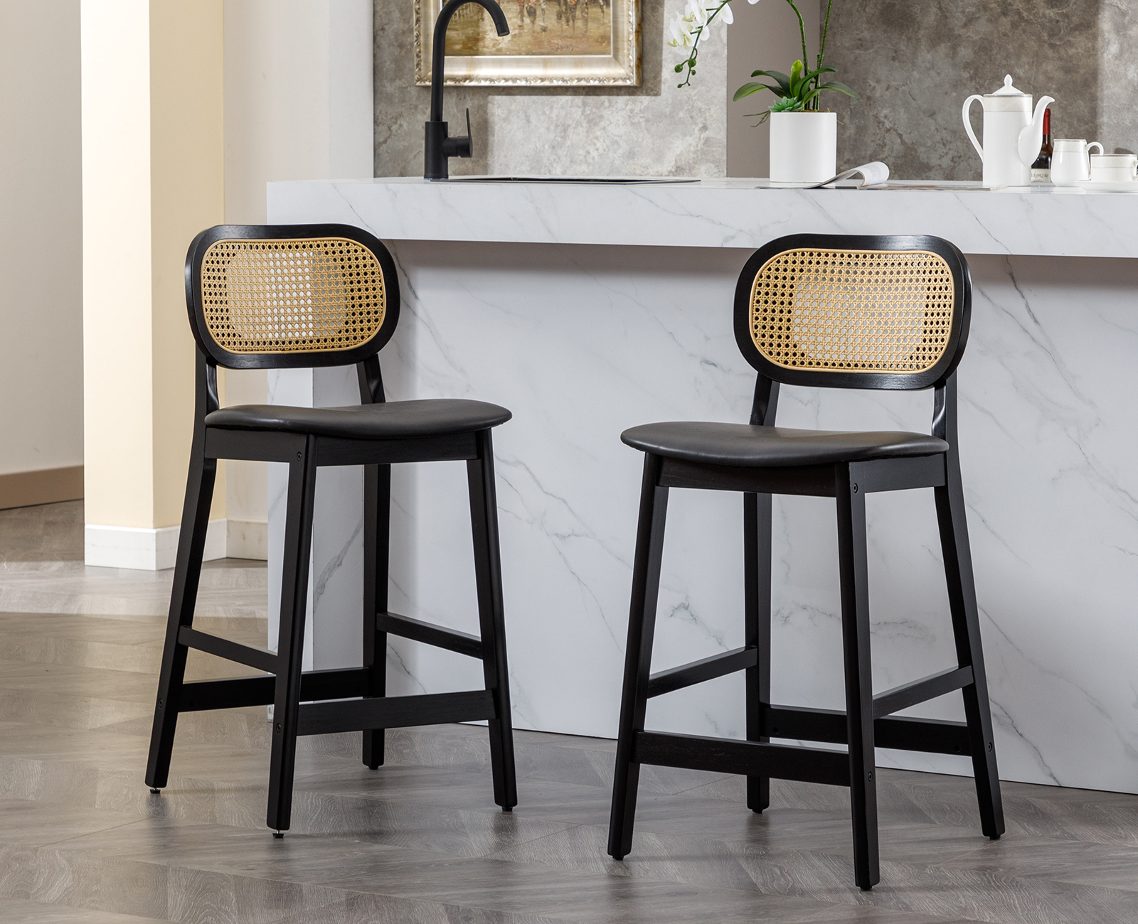 Home Square 2 Piece 30" Height Traditional Rattan Counter Stool Set in ...