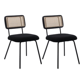 Dayalane Rattan Dining Chairs Set of 2, Sherpa Upholstered Kitchen Chairs with Cane Back, Mid-Century Modern Armless Dining Side Chairs with Metal Legs for Dining Room Living Room Restaurant, Black