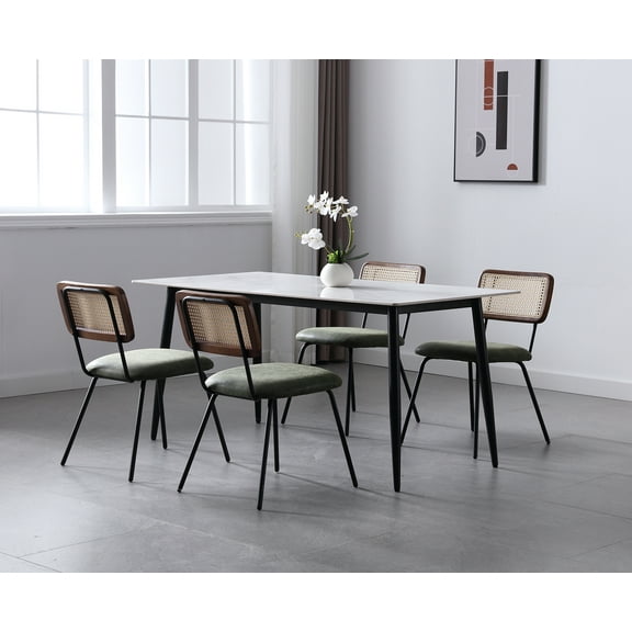 Dayalane Rattan Dining Chairs Set of 4, Leather Upholstered Kitchen Chairs with Cane Back, Mid-Century Modern Armless Dining Side Chairs with Metal Legs for Dining Room Living Room Restaurant, Green