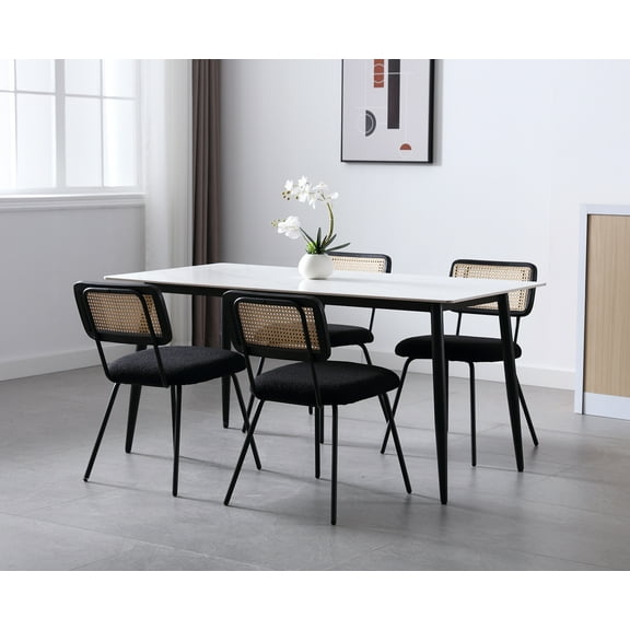 Dayalane Rattan Dining Chairs Set of 4, Sherpa Upholstered Kitchen Chairs with Cane Back, Mid-Century Modern Armless Dining Side Chairs with Metal Legs for Dining Room Living Room Restaurant, Black