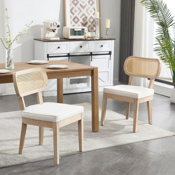 Dayalane Rattan Dining Chairs Set of 2, Upholstered Farmhouse Cane Back Chairs with Wooden Frame for Kitchen, Dining, Living Room, Beige