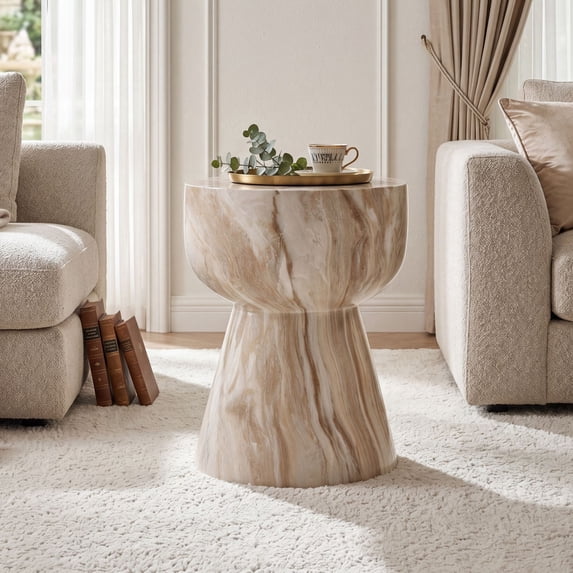 Dayalane Round Faux Stone Side Table, 15.5" Modern Hourglass End Table Indoor Outdoor, Brown Amber Look Accent Drink Stool for Living Room Patio, Fully Assembled