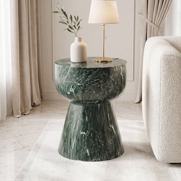 Dayalane Round Faux Stone Side Table, 15.5" Modern Green Hourglass End Table Indoor Outdoor, Green Marble Look Accent Drink Stool for Living Room Patio, Fully Assembled