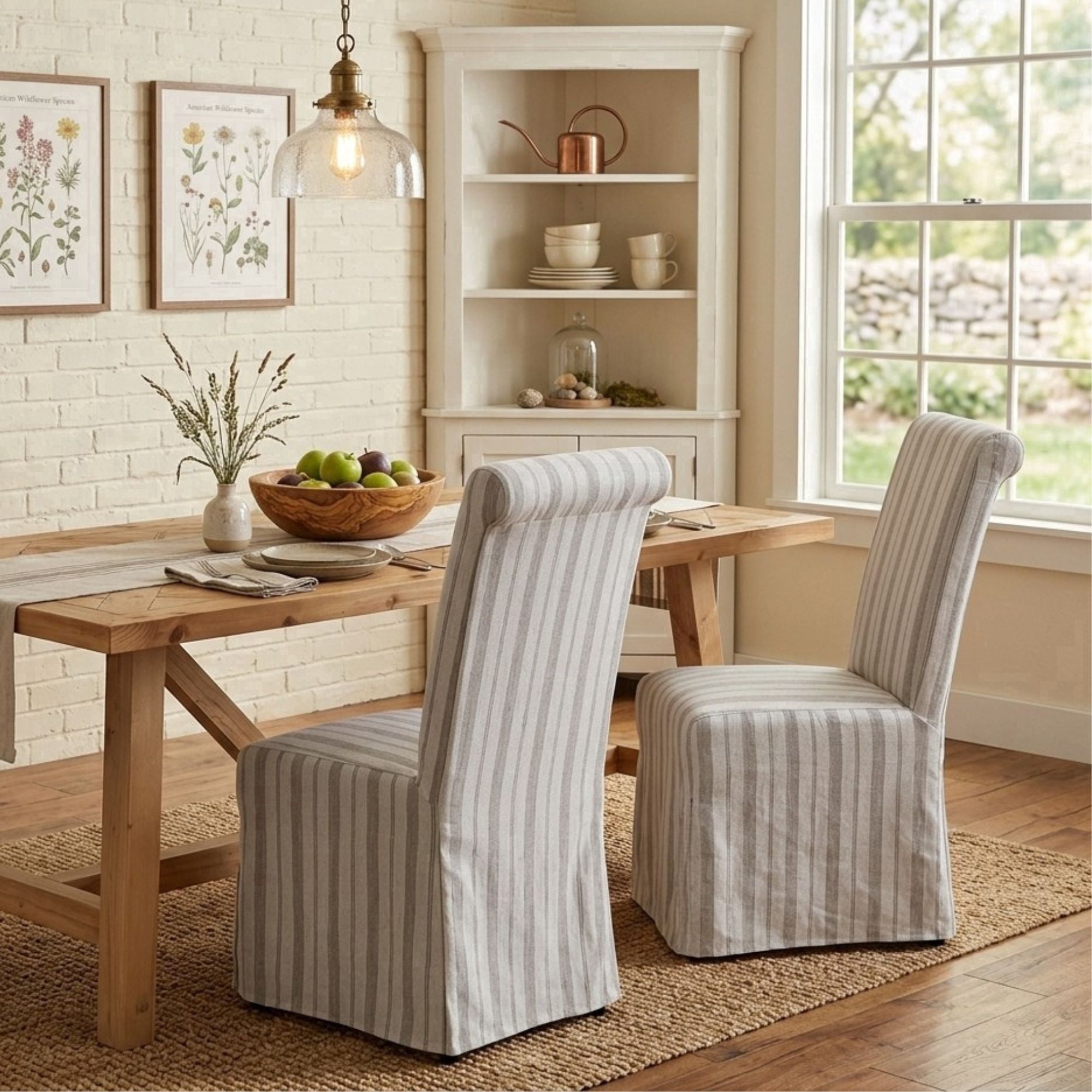 Dayalane Slipcovered Parsons Dining Chairs Set of 2, Modern Farmhouse High Back Linen Upholstered Chair with Removable Skirted, Classic Wooden Side Kitchen Chairs for Dining Living Room, Khaki Stripe