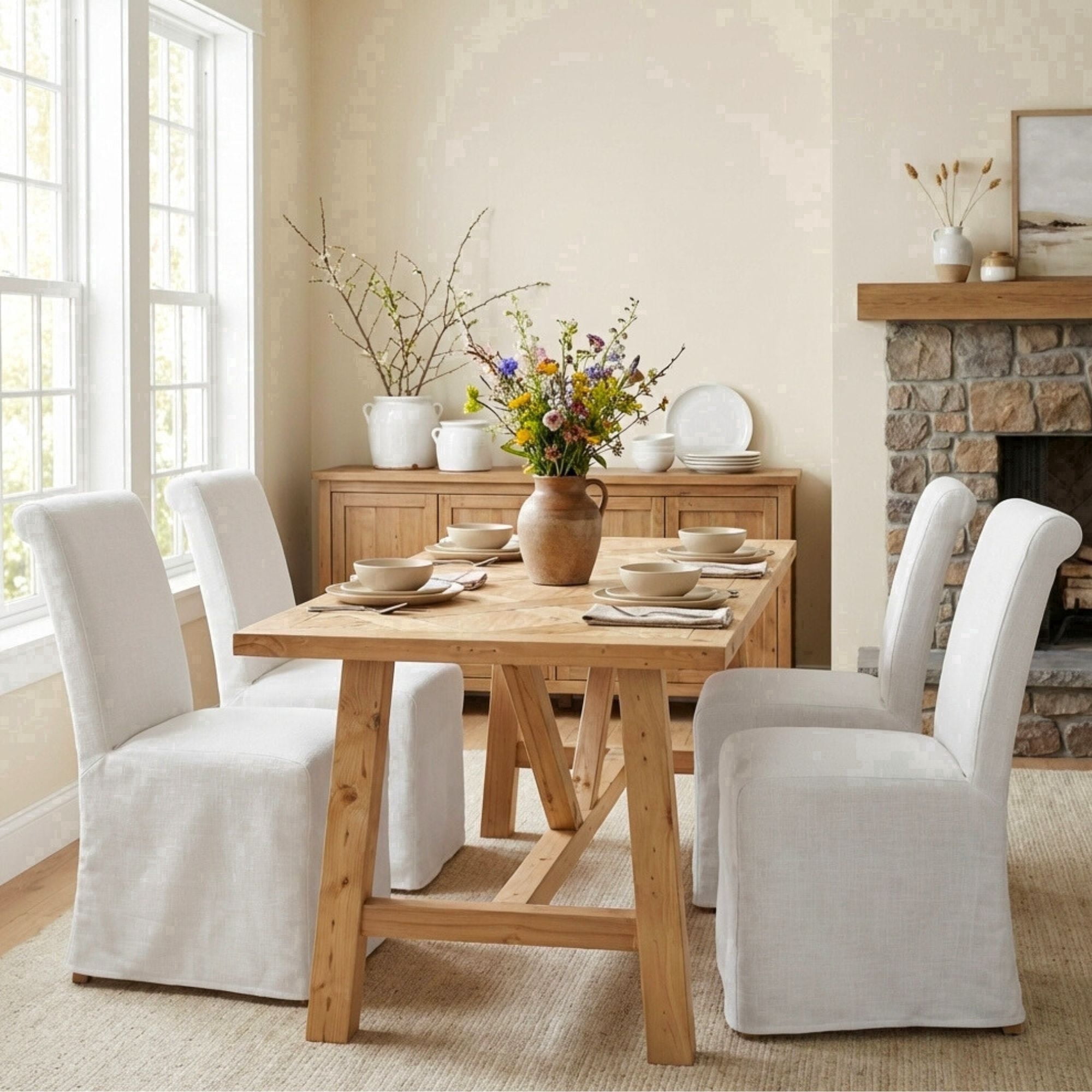 Dayalane Slipcovered Parsons Dining Chairs Set of 4, Modern Farmhouse High Back Linen Upholstered Chair with Removable Skirted, Classic Wooden Side Kitchen Chairs for Dining Living Room, Beige