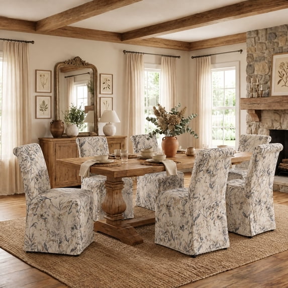 Dayalane Slipcovered Parsons Dining Chairs Set of 6, Modern Farmhouse High Back Linen Upholstered Chair with Removable Skirted, Classic Wooden Side Kitchen Chairs for Dining Living Room, Floral
